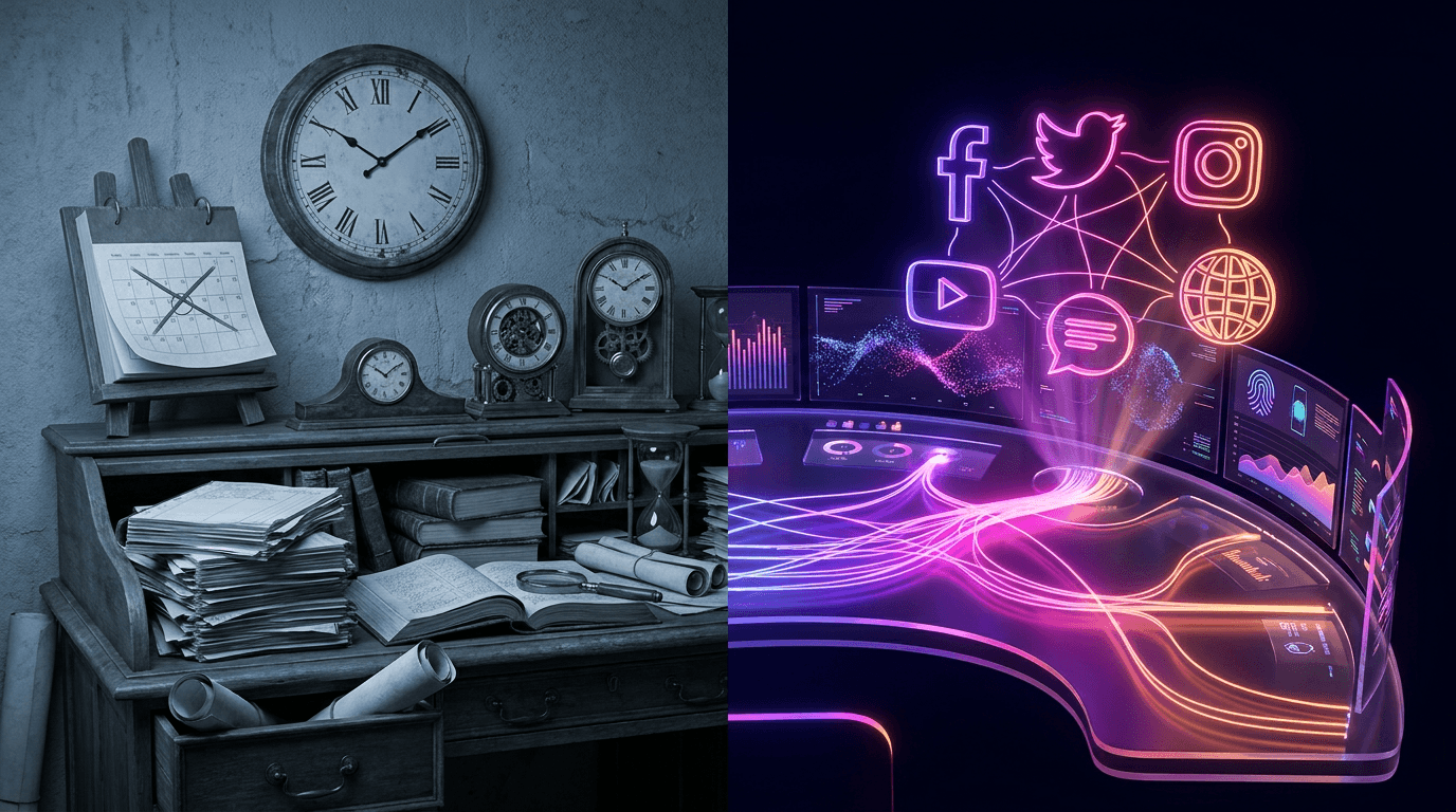 Tela dividida comparando um calendário de postagem tradicional com um painel futurista de IA