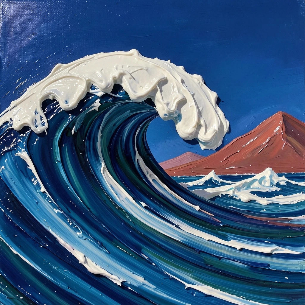 Onda azul-cobalto com espuma branca em pintura a óleo de textura espessa, gerada com FLUX.2 Klein 4B.