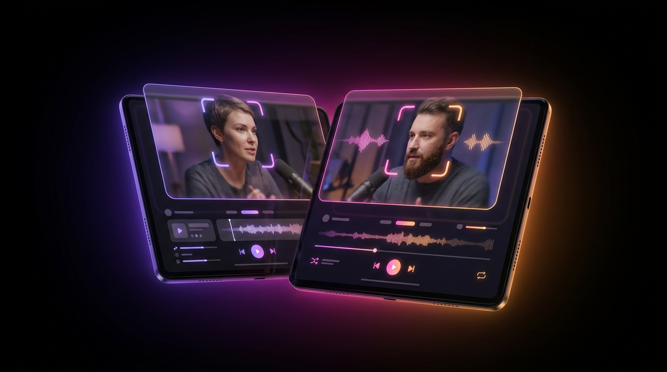 Interface de edição de vídeo flutuante mostrando split-screen de podcast com IA