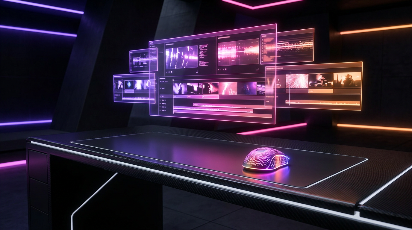 Holograma de linha do tempo de vídeo flutuando sobre uma mesa futurista