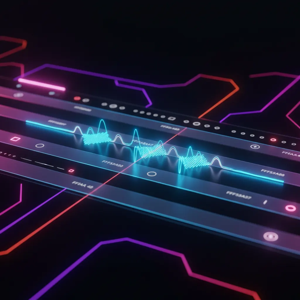 Ondas de áudio brilhantes em uma interface de edição de vídeo