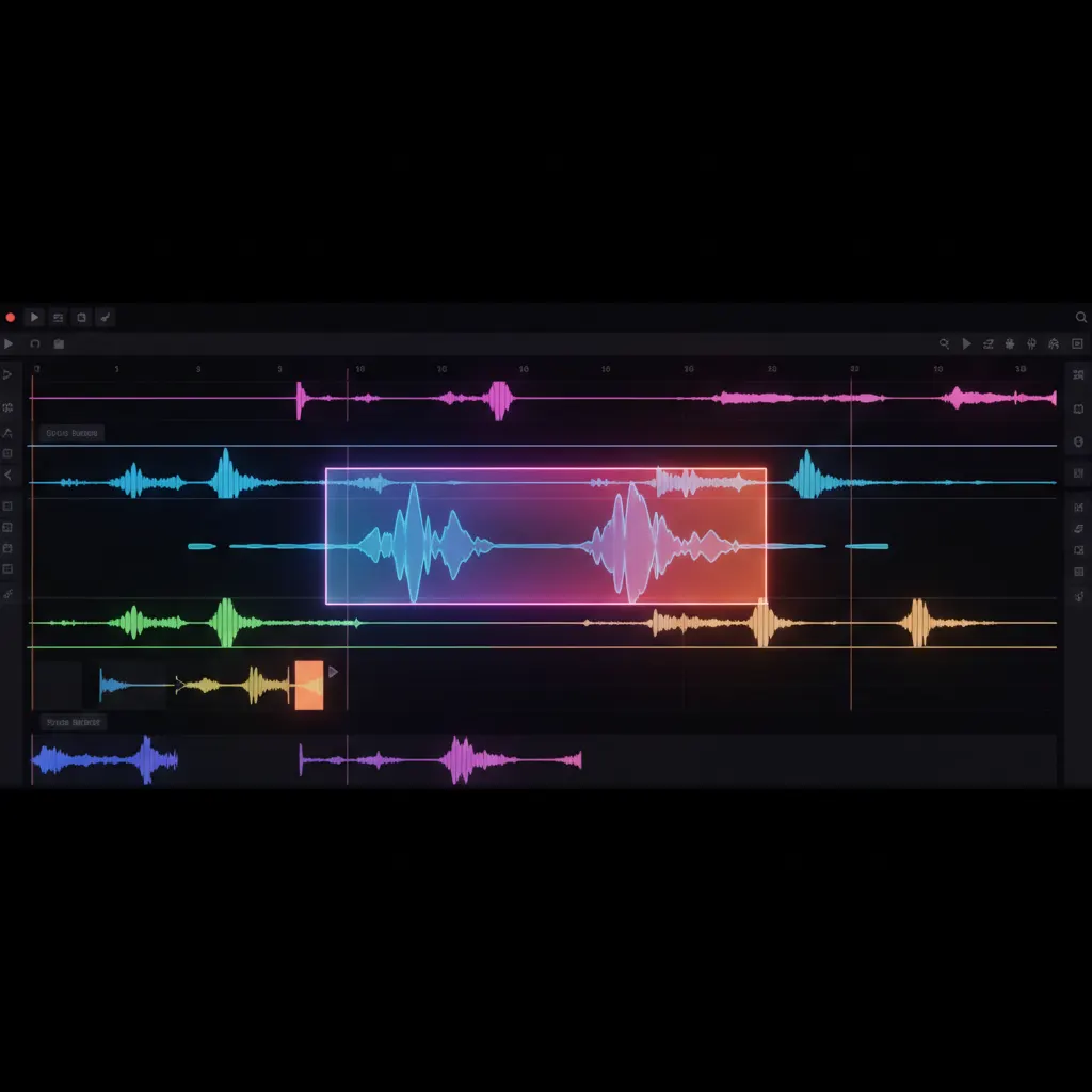 Interface de edição de vídeo destacando faixas de áudio sobrepostas na timeline