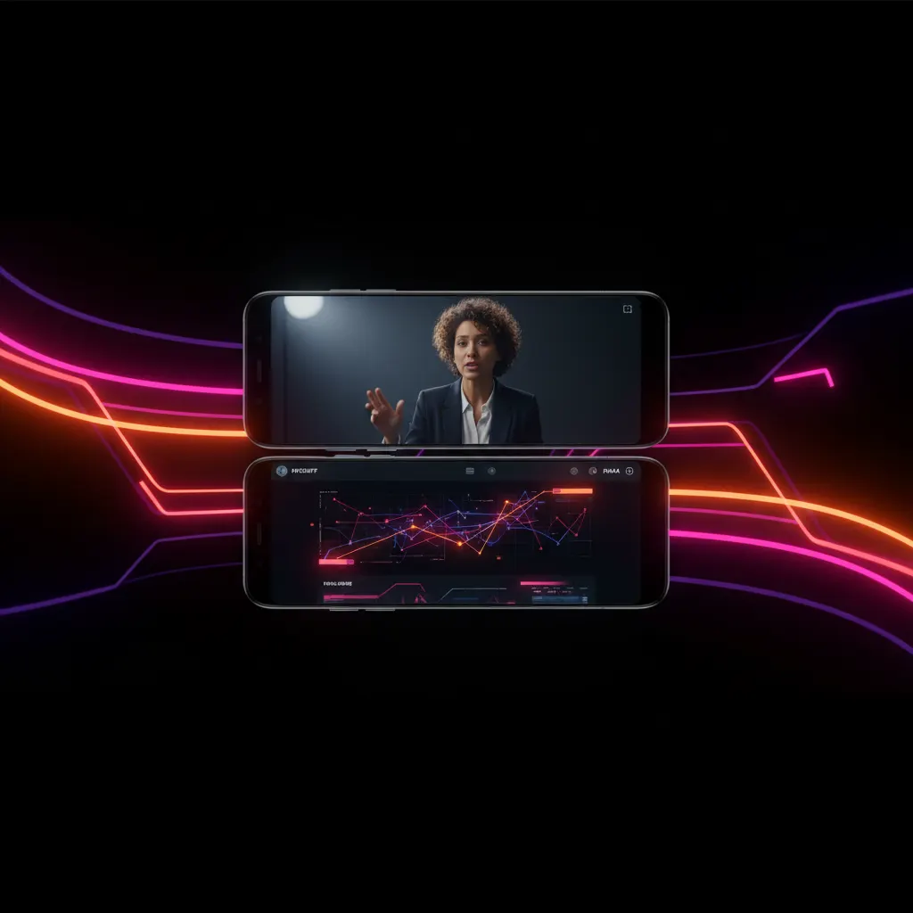Smartphone exibindo vídeo vertical dividido entre palestrante e gráfico em fundo escuro com neon.
